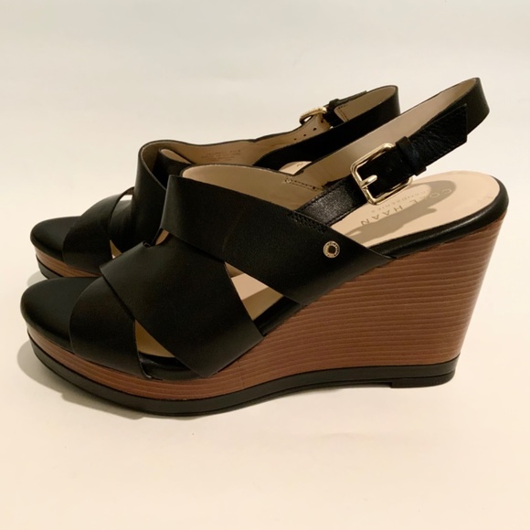 Cole Haan Womens Laci Black Platform Wedge Sandals Leather Slingback Heels 9.5 - Picture 5 of 13